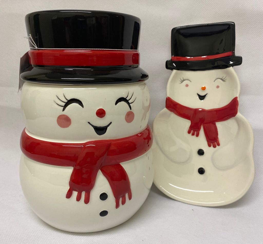 Snowman Christmas Ceramic Cookie Biscuit Jar and Dish