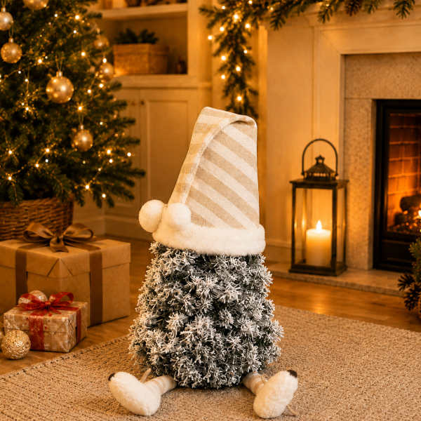 Flocked mini tree gonk with striped nightcap and dangly legs, white sleepy Snowdrift Gonk