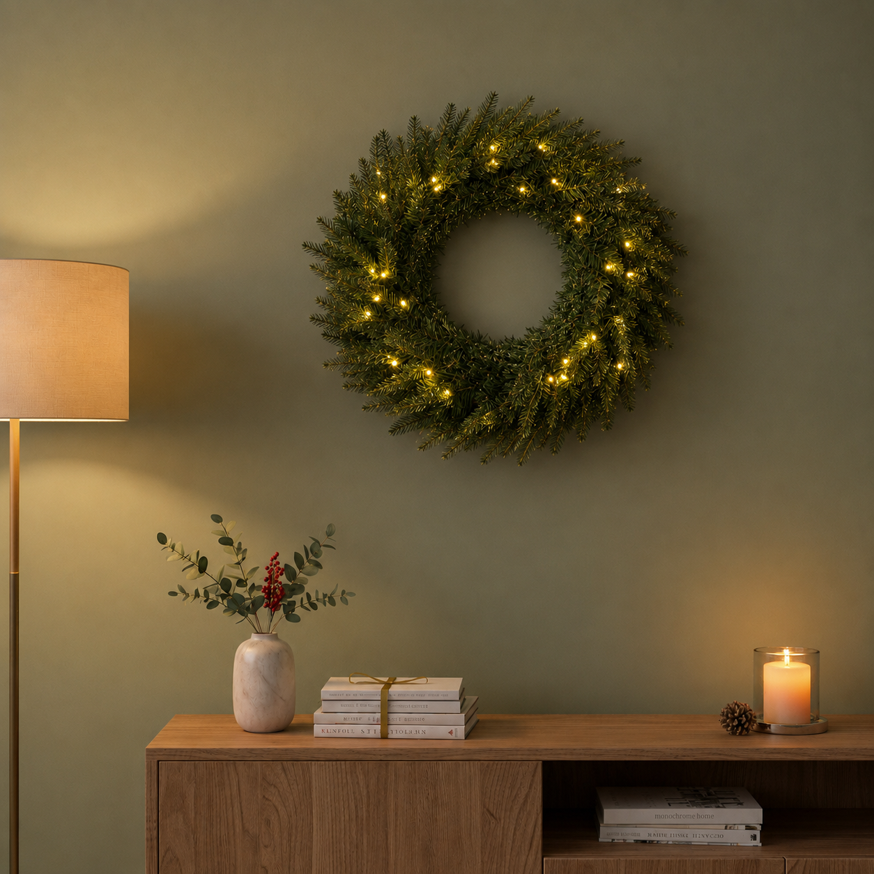 60cm Premium Mixed branch prelit Green Wreath - with timer - Image 2