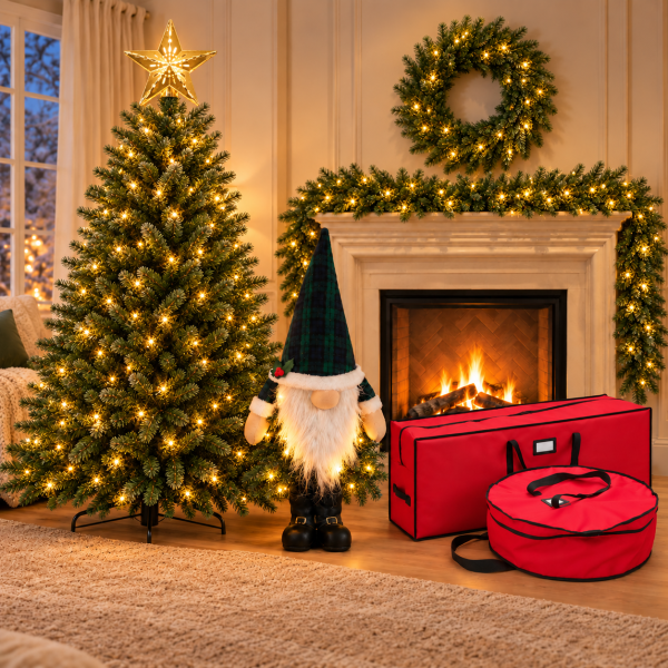 Complete Green Christmas Bundle – 7 Piece Set with Pre-Lit Tree, Garland, Wreath, Hamish, Star & Storage Bags
