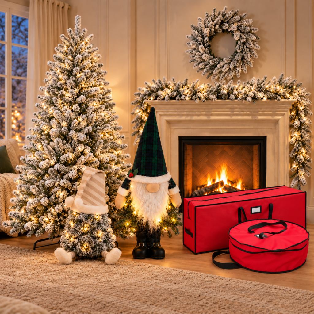 Complete Snowy Christmas Bundle – 7 Piece Set with Tree, Garland, Wreath, Gonks & Storage Bag